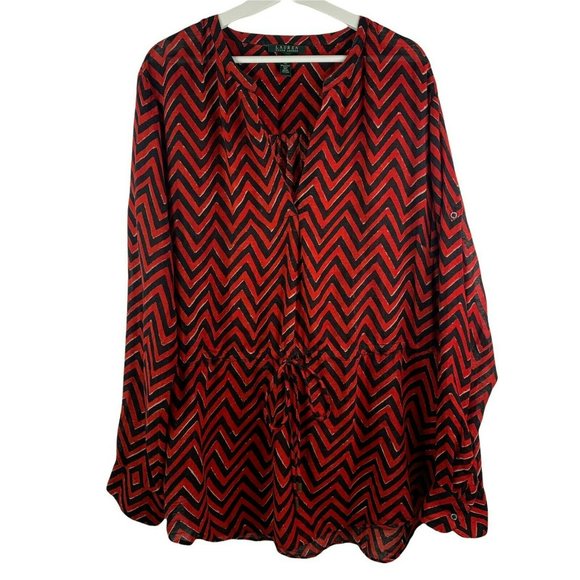 Ralph Lauren Red Black Chevron Cotton Blend Roll Tab Drawstring Tunic Top Sz 2X - Picture 1 of 10